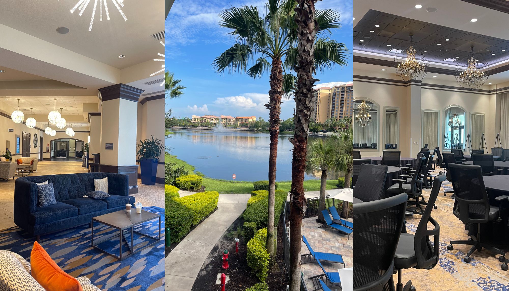 images of hotel view of lake, lobby area and conference room